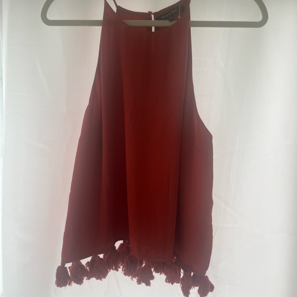 Strut and Bolt Large Red Tassel-Hem Halter Tank Top